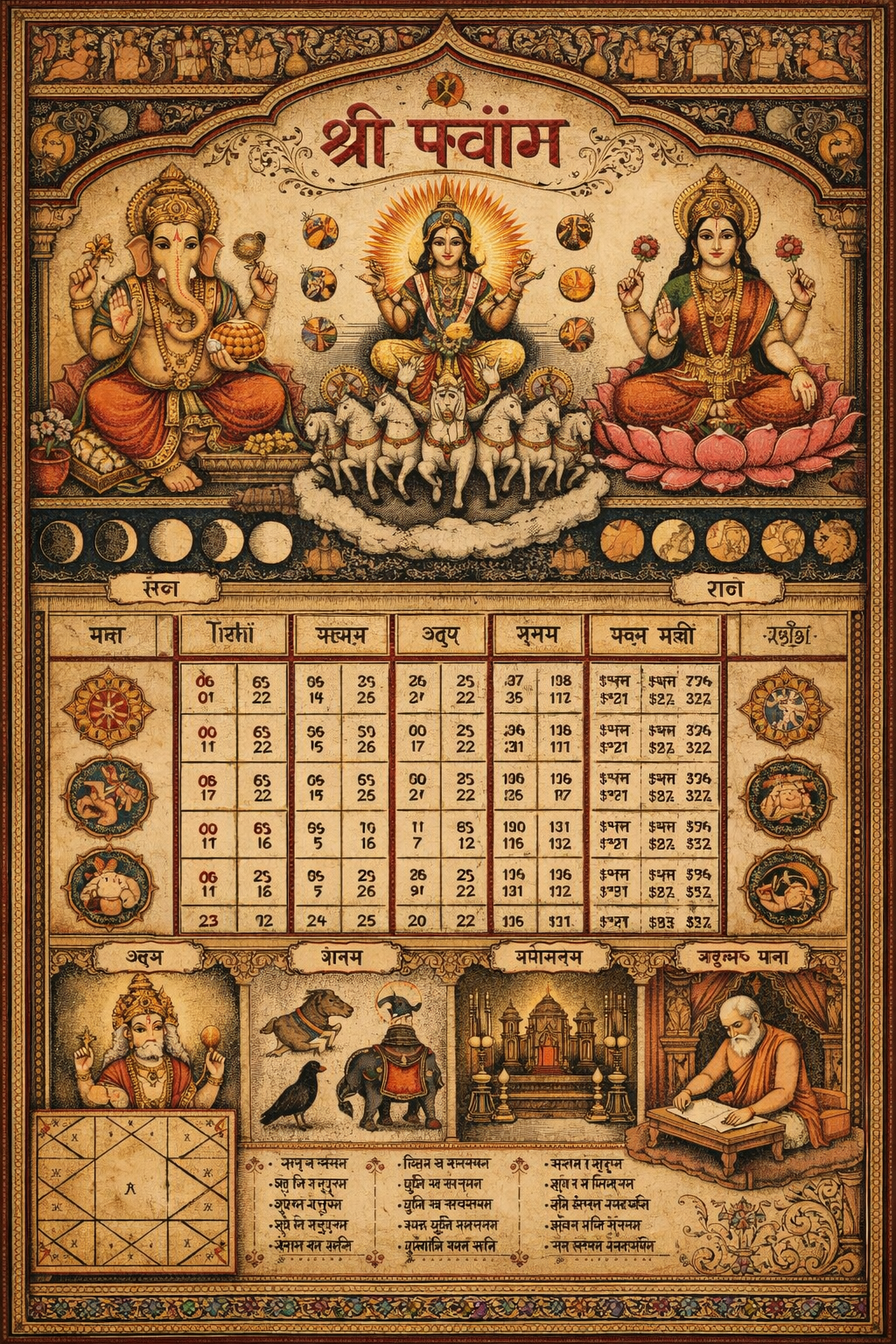 Panchang Calendar - Hindu Calendar showing Tithi, Nakshatra, Yoga, Karana and Vaar elements